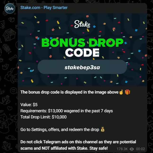 Stake Bonus Drop Code Telegram