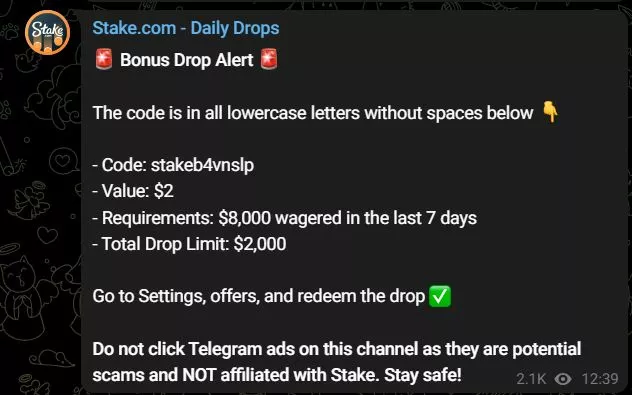 Stake.com daily bonus drops - Casino Daily Drops Telegram