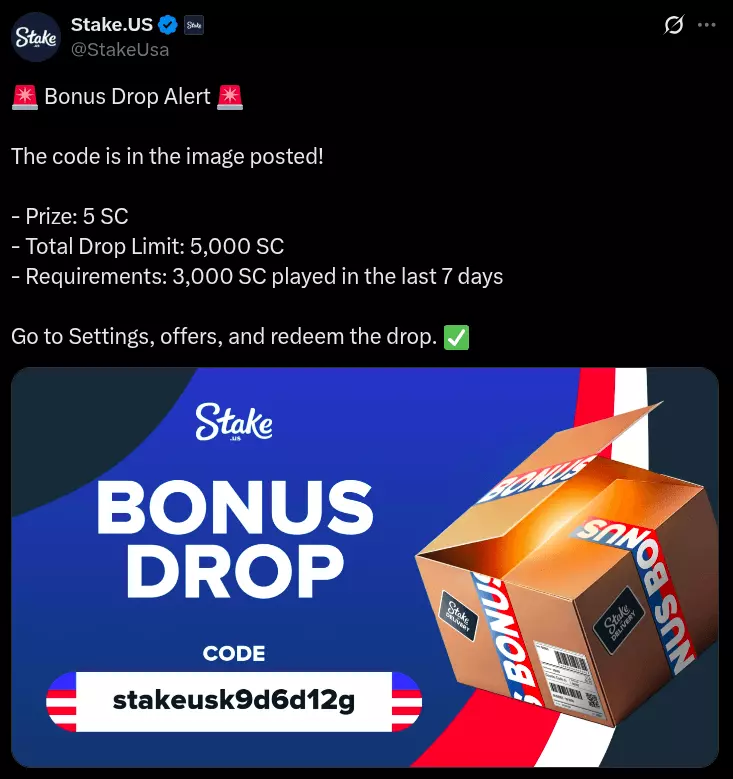 latest stake us bonus drop codes on social media