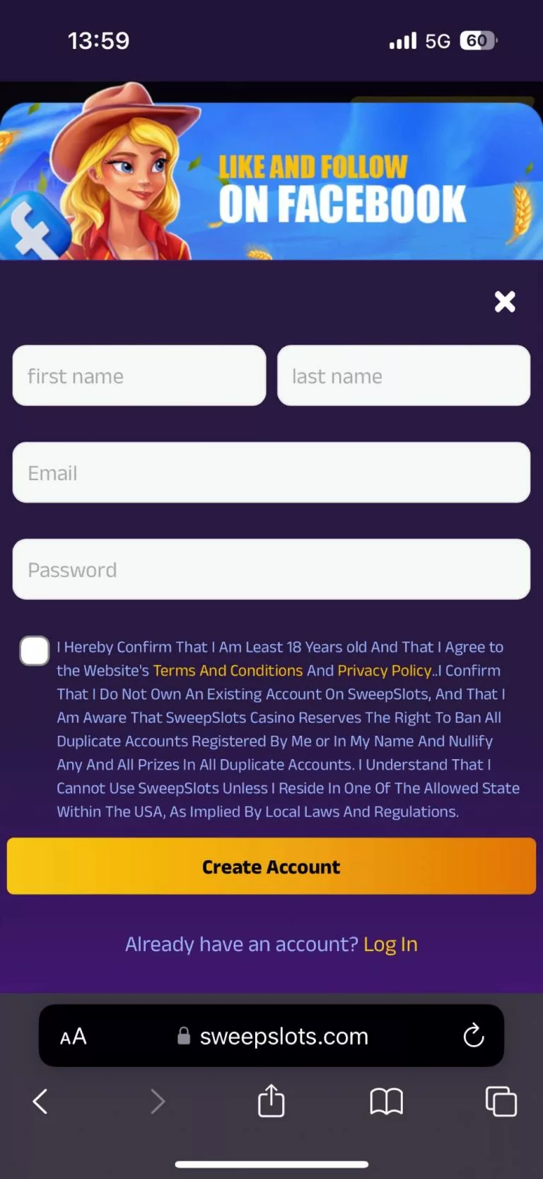 sweepslots casino registration