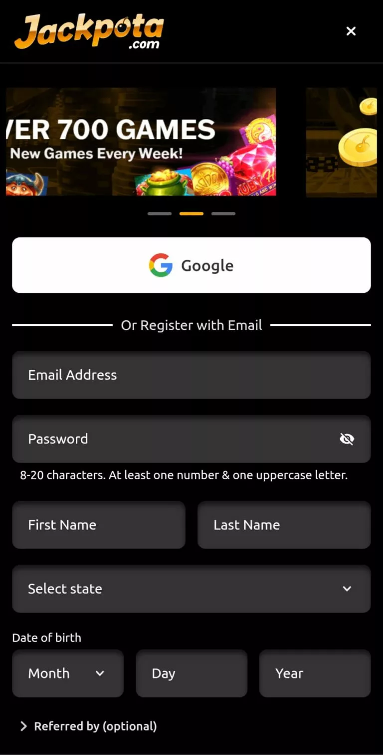 Jackpota Register for Account
