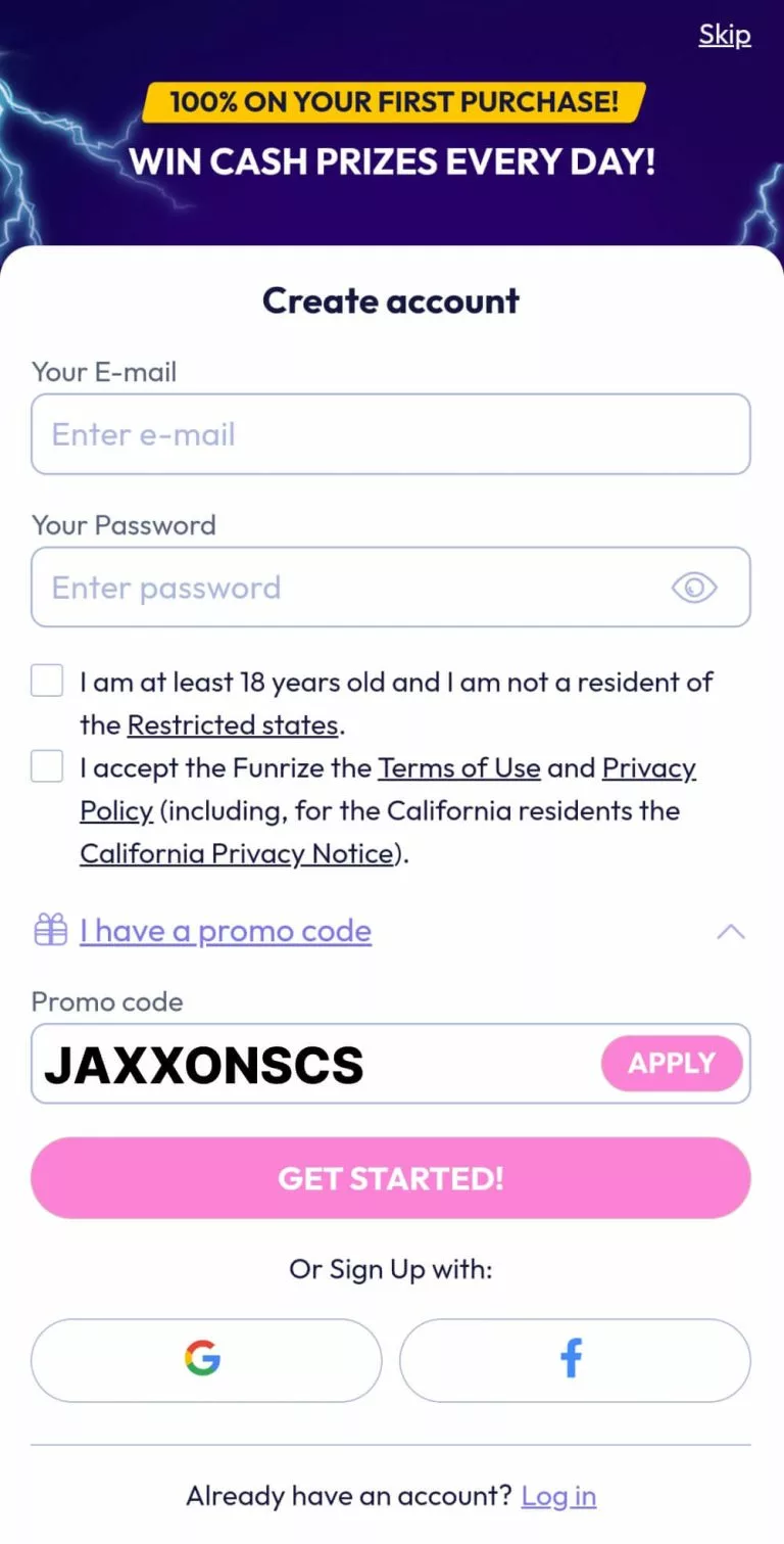 Funrize Registration Jaxon Promocode