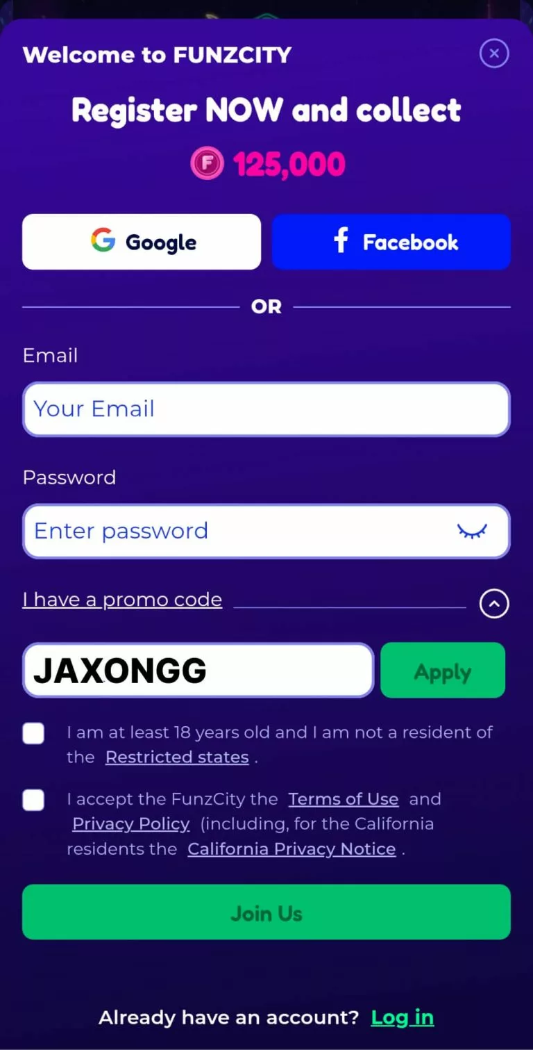 Funzcity Registration Jaxon Promo Code
