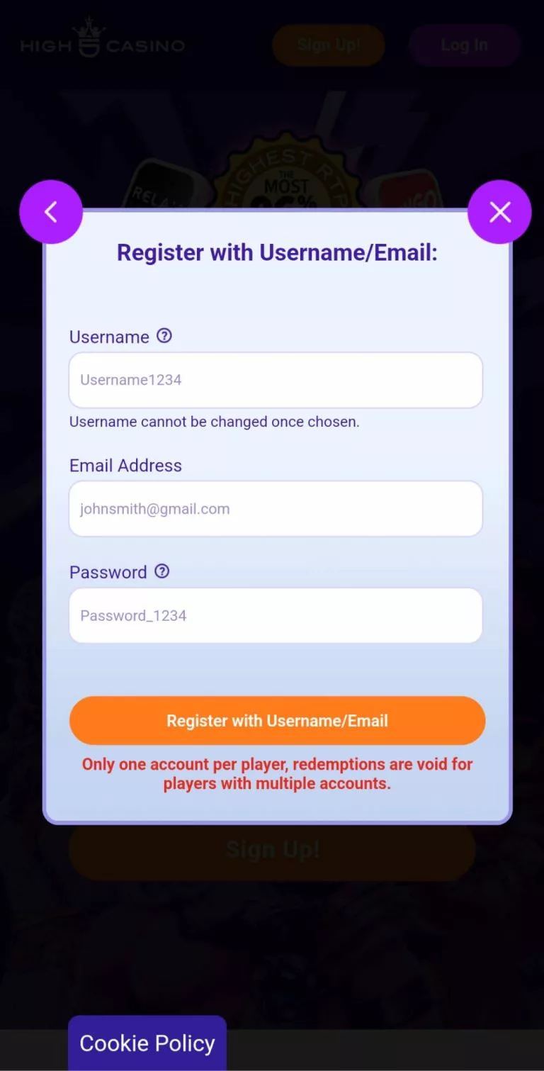 High 5 Casino registration email