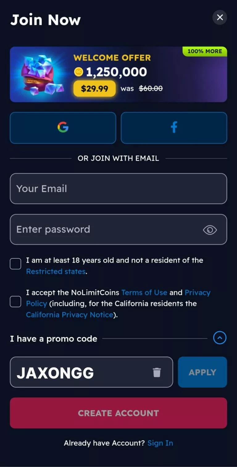 NoLimitCoins Registration Jaxon Promo Code