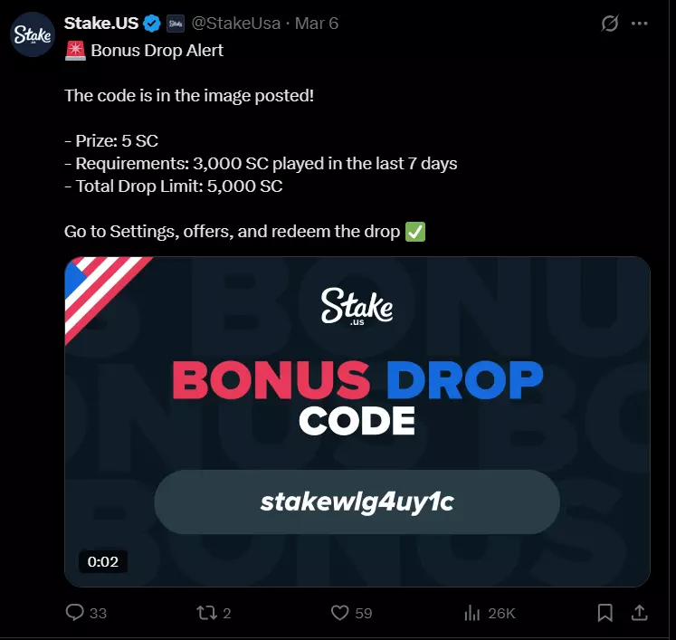 Stake.us X (Twitter) bonus drop codes tweet