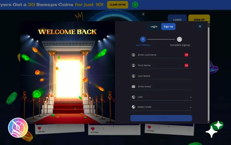 signing up at a sweepstakes casino
