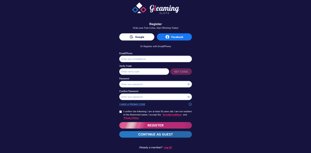 Sign up page for Gleaming Slots