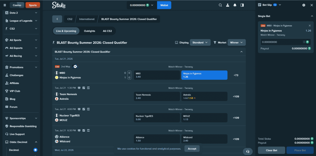 Example betting page on Stake for Bitcoin betting on CS2