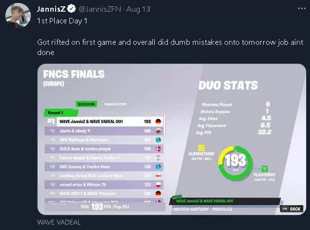 EU Chapter 3 Season 3 FNCS winners Jannisz tweet