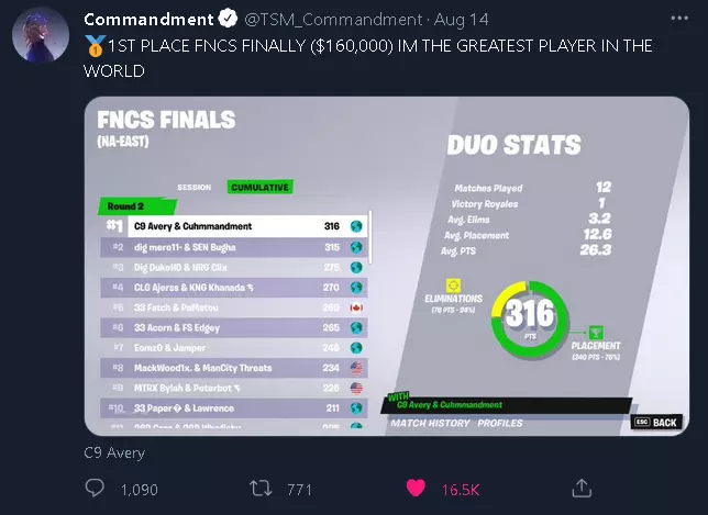 NAE Chapter 3 Season 3 FNCS winner Commandment tweet