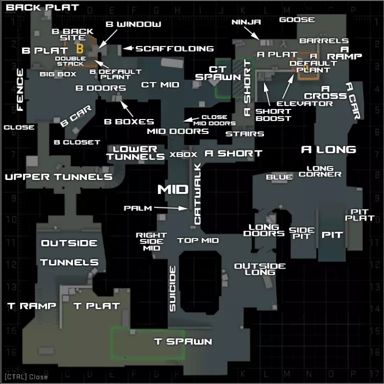 CS2 Dust 2 callouts map with labels