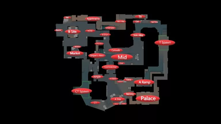 CS2 Mirage callouts map with labels