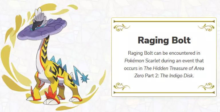 Raging Bolt, a Scarlet version exclusive legendary Paradox Pokemon.