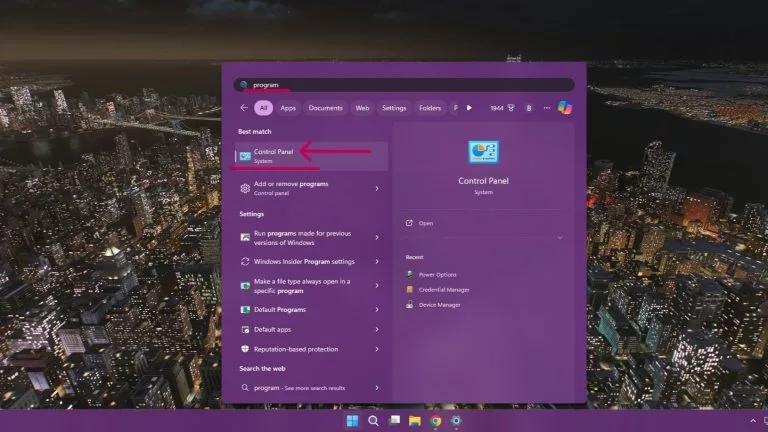 Image shows how to search for the control panel