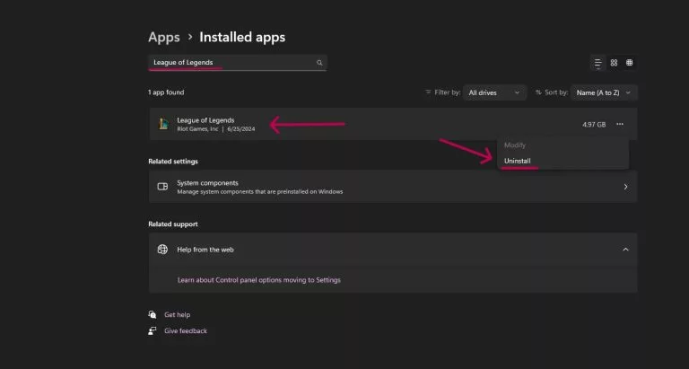 Image shows how to reach League of Legends in Installed Apps