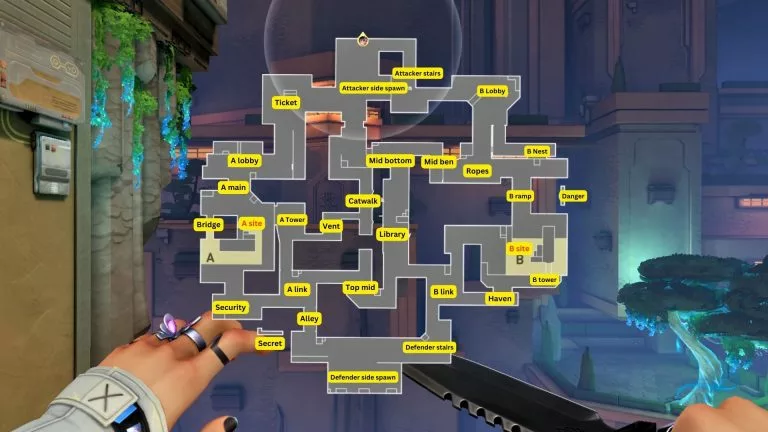 Valorant Abyss callouts with labeled map