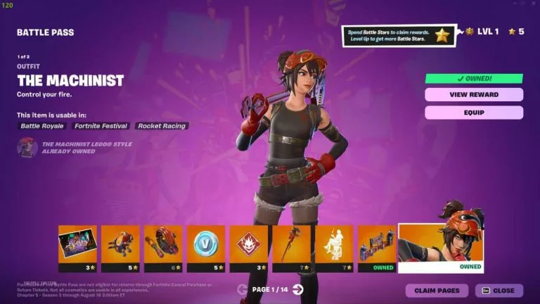 The Fortnite Chapter 5 Season 3 battle pass with a possible end date of August 16.