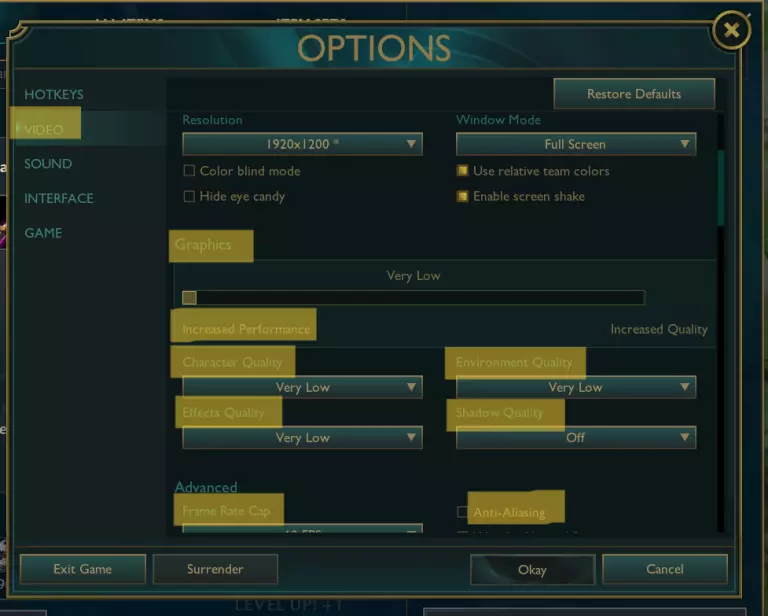 Changing FPS settings in League through video