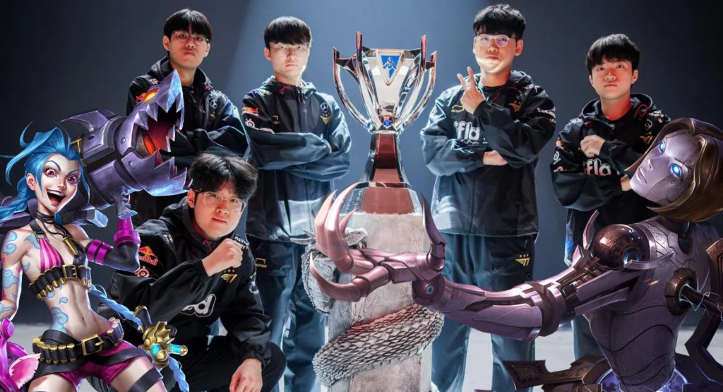 T1 Worlds 2023 photo with League of Legends characters