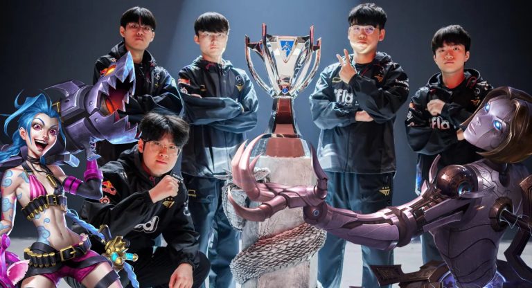 T1 Worlds 2023 photo with League of Legends characters