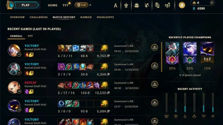 Viewing League of Legends match history