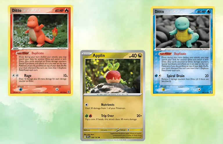 A Ditto Charmander, Ditto Squirtle, and Applin all designed by Yuka Morii.