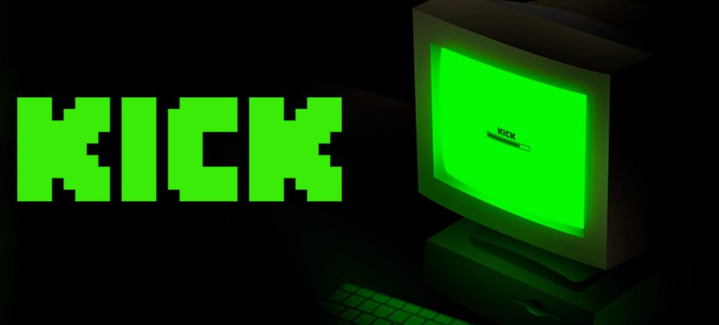 The Kick logo and a green computer screen.