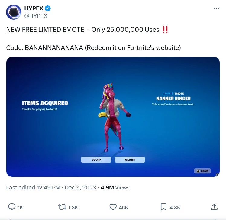 The Nanner Ringer emote came from a Fortnite redeem code.