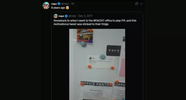 Ropz on X about his Faceit HQ trip.