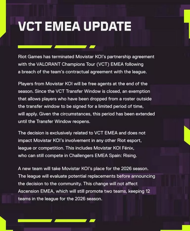 Movistar KOI Riot partnership terminated