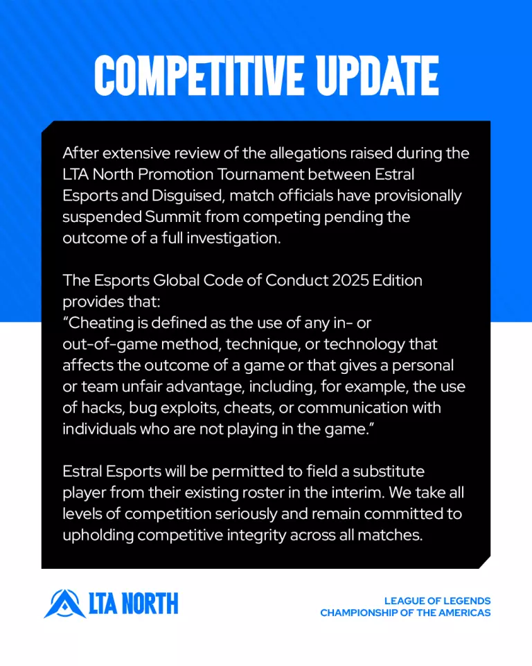 LTA North statement stating that it would âprovisionally suspend Summit from competing pending the outcome of a full investigationâ