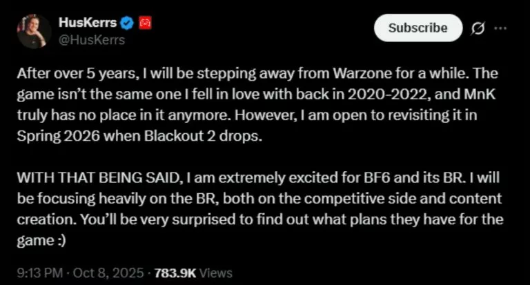 Huskerrs steps away from Warzone.
