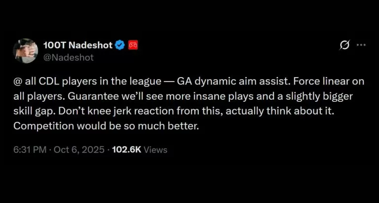 Nadeshot calls for GA ban on dynamic aim assist.
