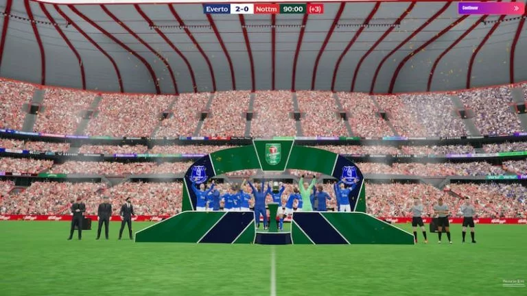 Screenshot of Everton lifting the EFL Cup trophy in FM26.