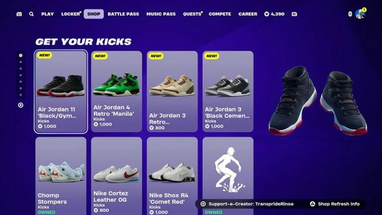fortnite item shop kicks