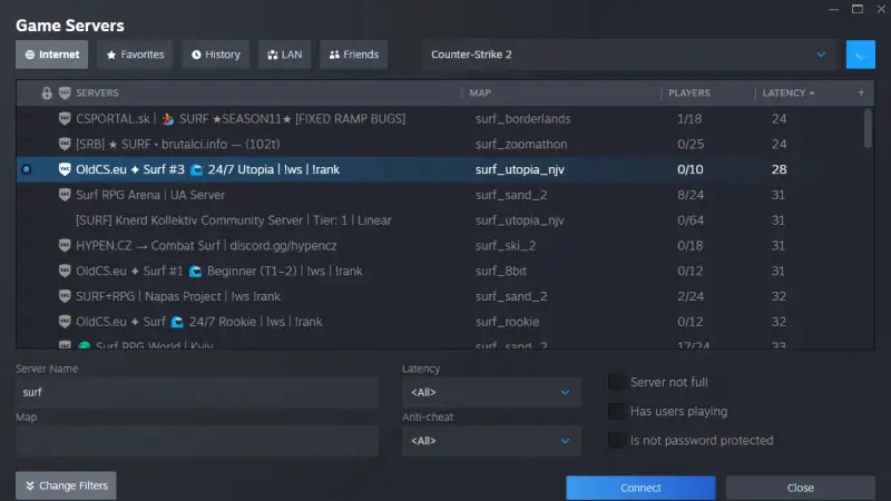 A list of CS2 community surf servers