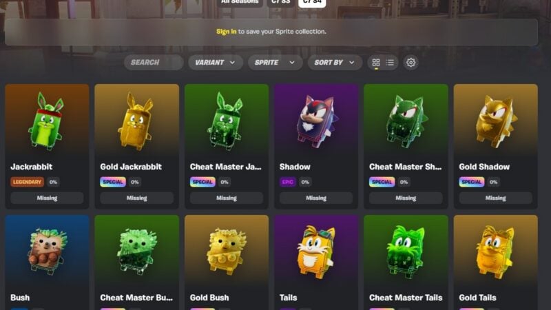 A screenshot of Fortnite's sprites tracker