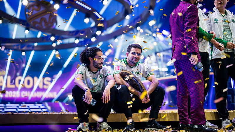 an image of Team Falcons after winning TI14