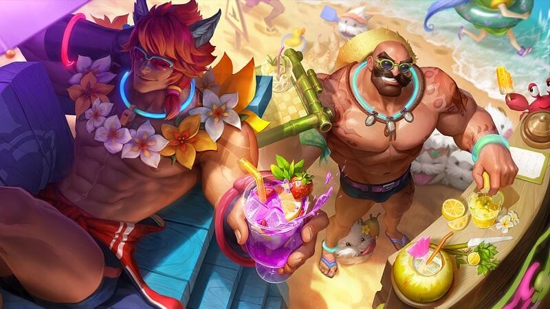 All beach skins in LoL: Pool Party Braum, Sett