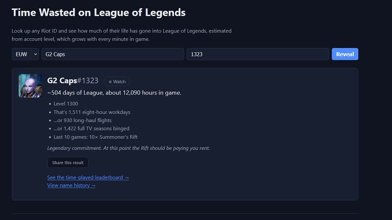 Time wasted on LoL: lols.gg