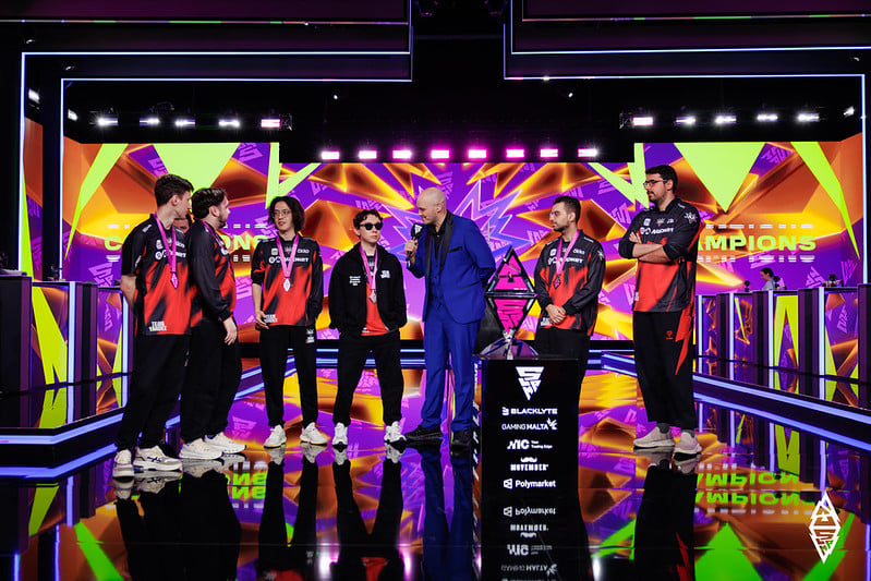 an image of Team Yandex being interviewed by SirActionSlacks after winning BLAST SLAM VIII